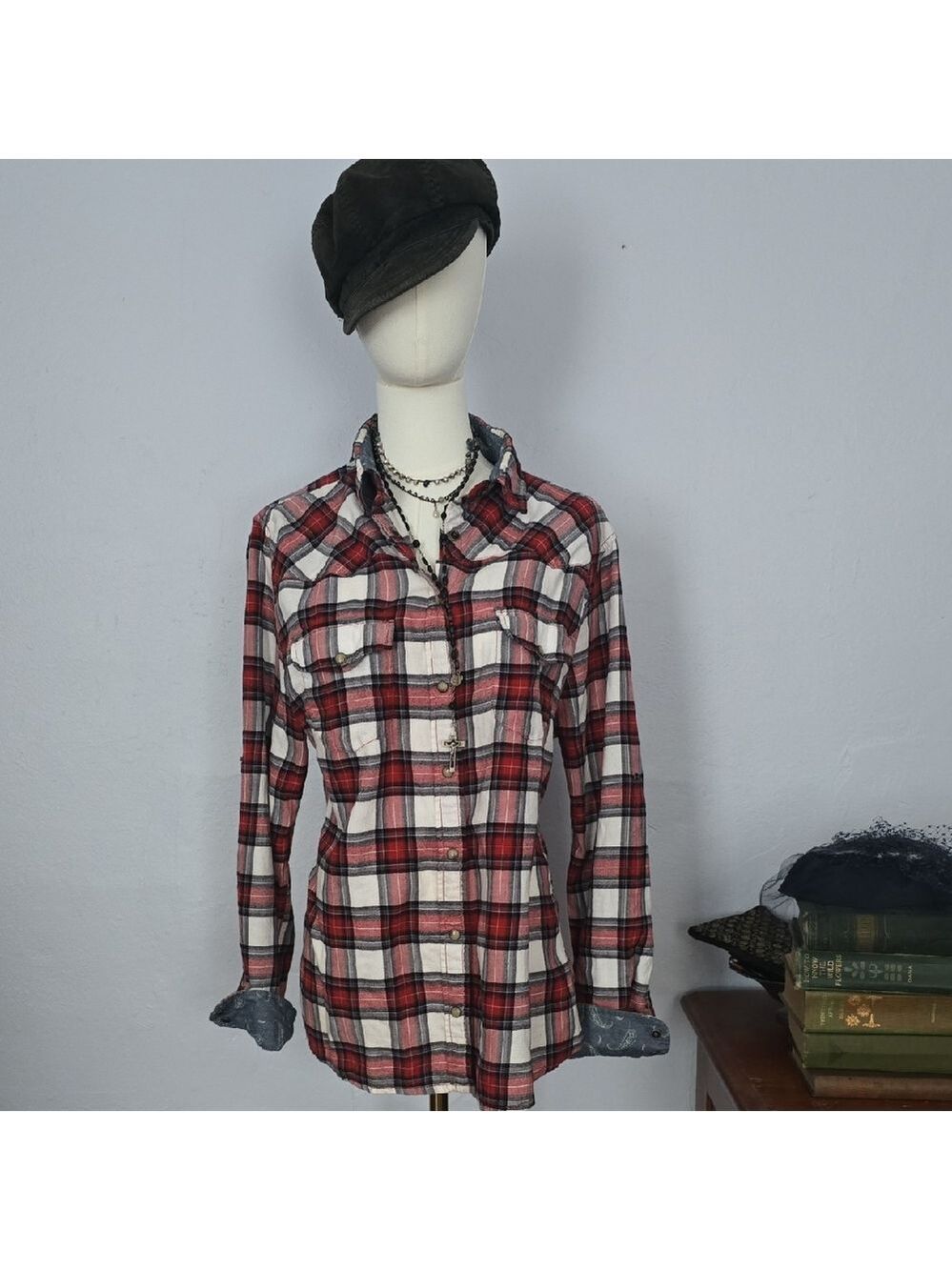 Red Plaid Snap Front Western Style Flannel Shirt